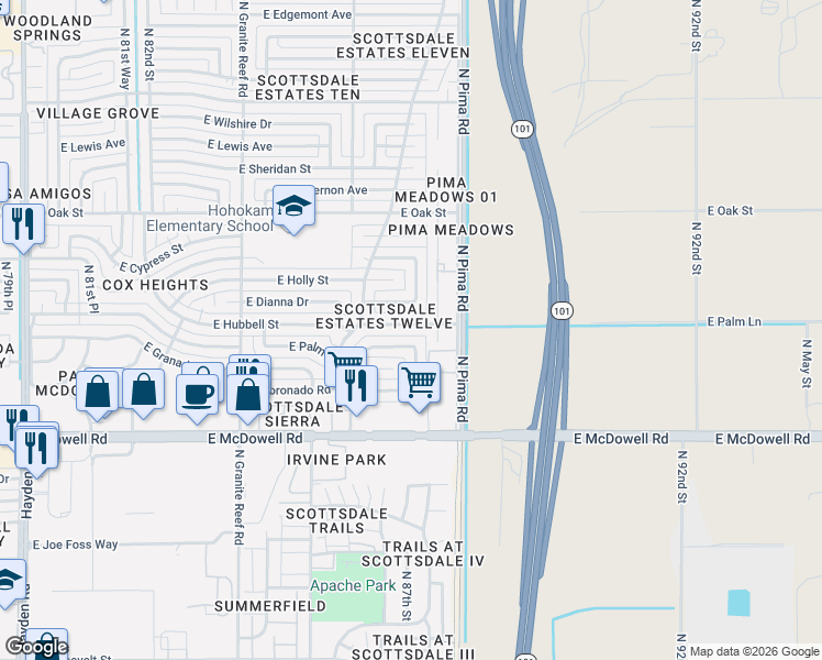 map of restaurants, bars, coffee shops, grocery stores, and more near 8742 East Hubbell Street in Scottsdale