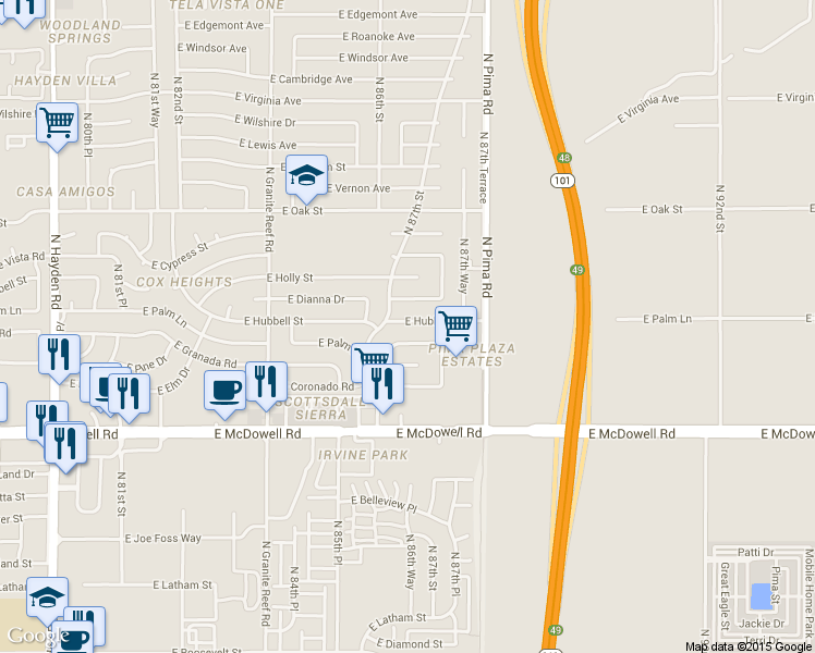 map of restaurants, bars, coffee shops, grocery stores, and more near 2001 North 87th Street in Scottsdale