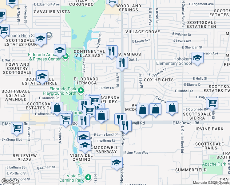 map of restaurants, bars, coffee shops, grocery stores, and more near in Scottsdale