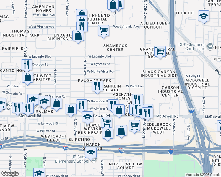 map of restaurants, bars, coffee shops, grocery stores, and more near 2915 West Palm Lane in Phoenix