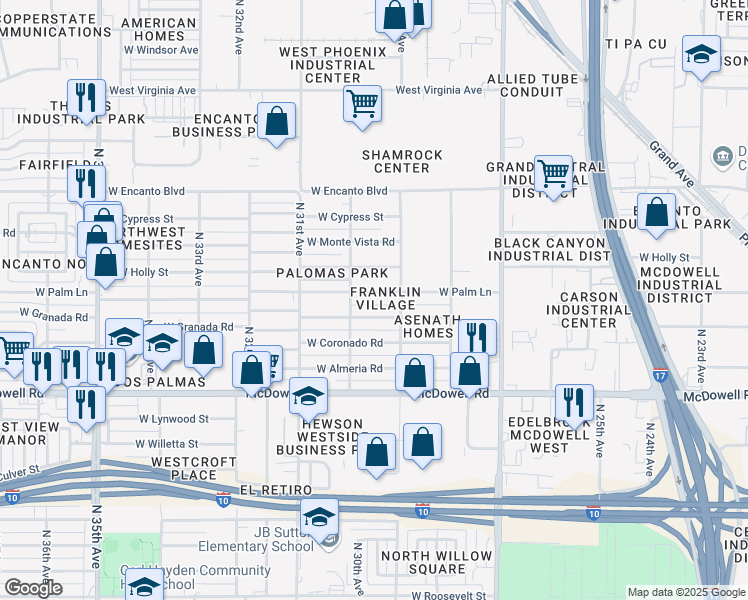 map of restaurants, bars, coffee shops, grocery stores, and more near 2915 West Palm Lane in Phoenix