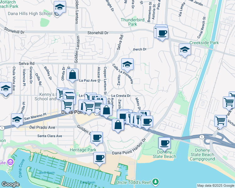 map of restaurants, bars, coffee shops, grocery stores, and more near 25122 Alicia Drive in Dana Point