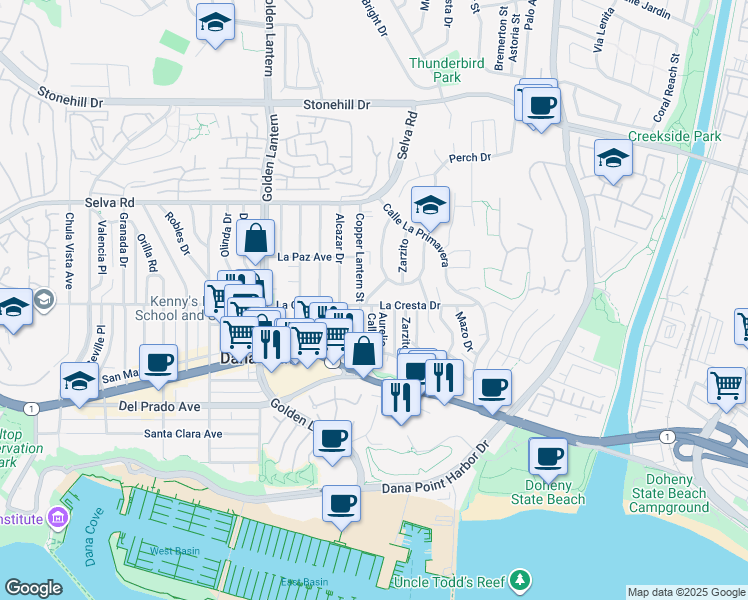 map of restaurants, bars, coffee shops, grocery stores, and more near 33936 Mariana Drive in Dana Point