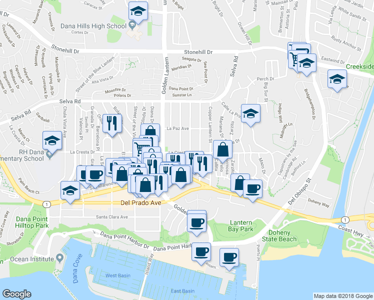 map of restaurants, bars, coffee shops, grocery stores, and more near 33962 Silver Lantern Street in Dana Point
