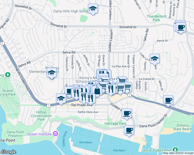 map of restaurants, bars, coffee shops, grocery stores, and more near 33961 Street of the Violet Lantern in Dana Point