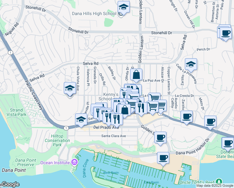 map of restaurants, bars, coffee shops, grocery stores, and more near 33961 Street of the Violet Lantern in Dana Point