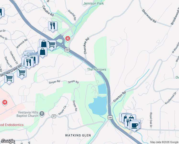 map of restaurants, bars, coffee shops, grocery stores, and more near 3021 U.S. 280 in Birmingham