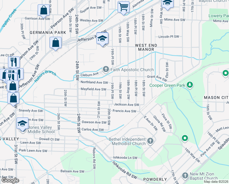 map of restaurants, bars, coffee shops, grocery stores, and more near 1656 19th Place Southwest in Birmingham