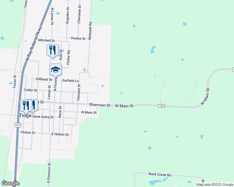 map of restaurants, bars, coffee shops, grocery stores, and more near 31819 Farm to Market 121 in Tioga
