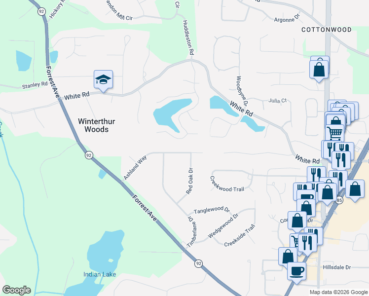 map of restaurants, bars, coffee shops, grocery stores, and more near 230 Ashland Way in Fayetteville