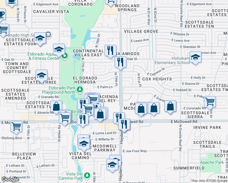 map of restaurants, bars, coffee shops, grocery stores, and more near in Scottsdale