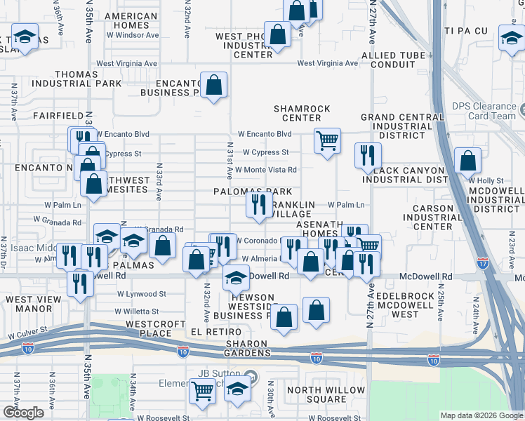 map of restaurants, bars, coffee shops, grocery stores, and more near 2946 West Palm Lane in Phoenix