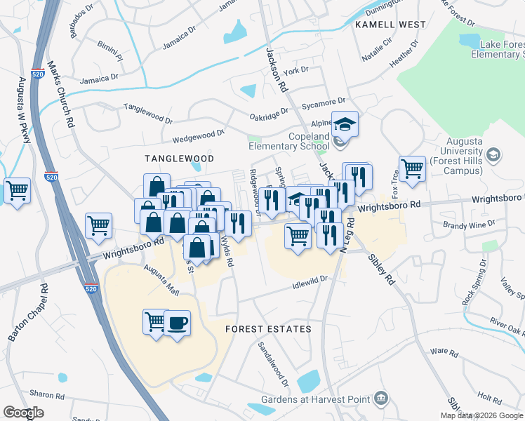 map of restaurants, bars, coffee shops, grocery stores, and more near 1434 Ridgewood Drive in Augusta