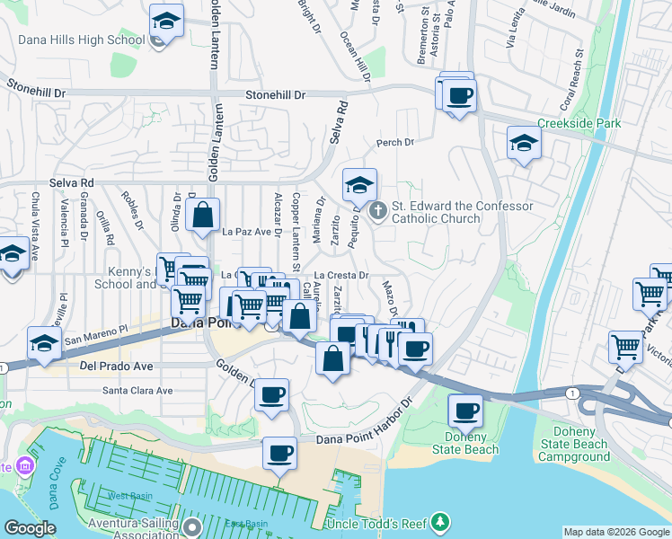 map of restaurants, bars, coffee shops, grocery stores, and more near 25122 Alicia Drive in Dana Point