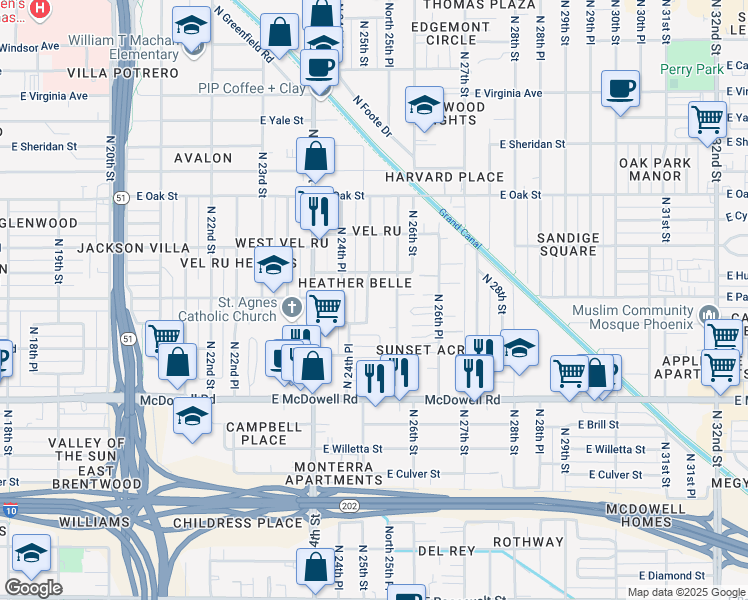 map of restaurants, bars, coffee shops, grocery stores, and more near 2001 North 25th Street in Phoenix