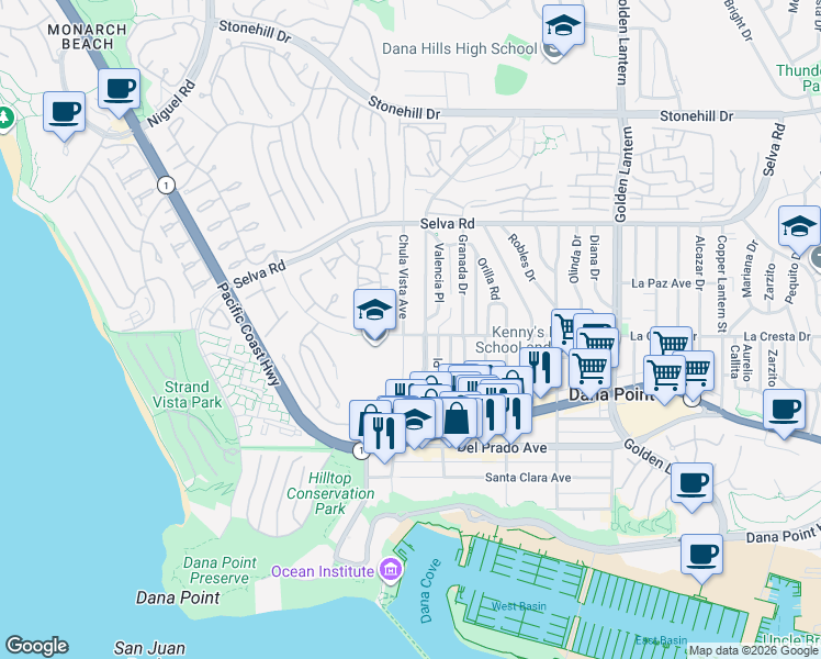 map of restaurants, bars, coffee shops, grocery stores, and more near 33972 Chula Vista Avenue in Dana Point
