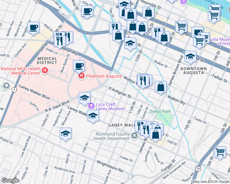 map of restaurants, bars, coffee shops, grocery stores, and more near 1218 D'Antignac Street in Augusta