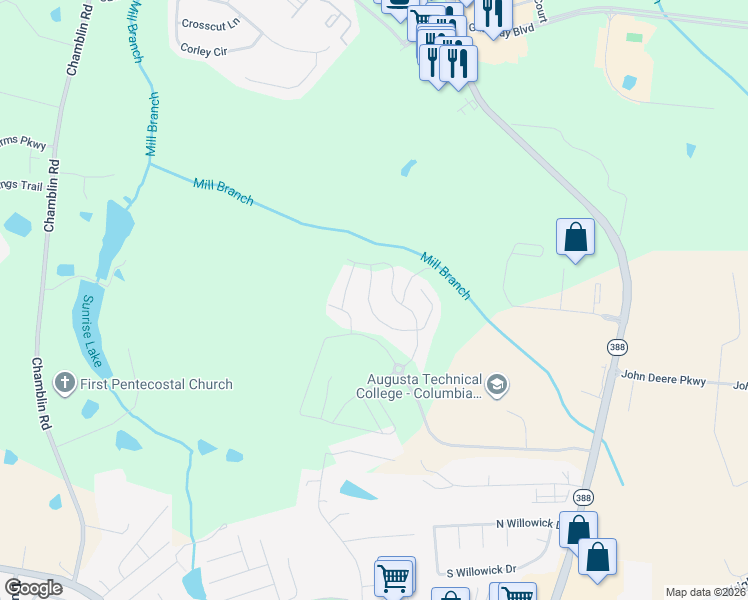 map of restaurants, bars, coffee shops, grocery stores, and more near 1271 Cobblefield Drive in Grovetown