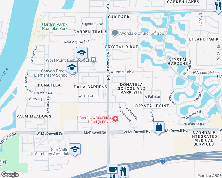 map of restaurants, bars, coffee shops, grocery stores, and more near 1938 North 114th Drive in Avondale