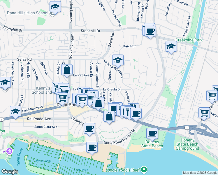 map of restaurants, bars, coffee shops, grocery stores, and more near 25091 La Cresta Drive in Dana Point