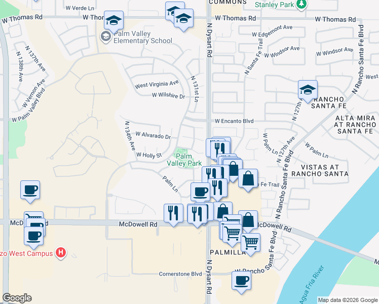 map of restaurants, bars, coffee shops, grocery stores, and more near 13181 West Monte Vista Drive in Goodyear
