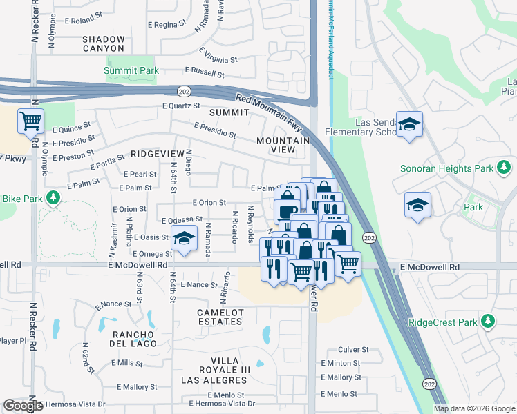 map of restaurants, bars, coffee shops, grocery stores, and more near 6620 East Orion Street in Mesa