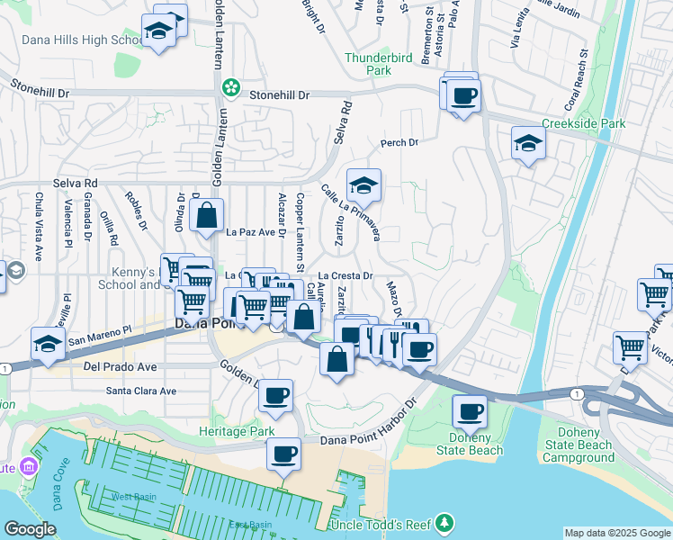 map of restaurants, bars, coffee shops, grocery stores, and more near 25091 La Cresta Drive in Dana Point