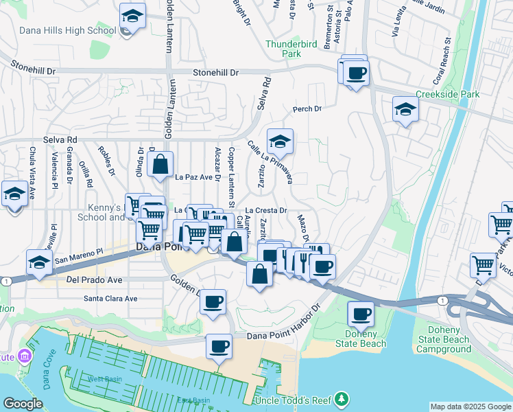 map of restaurants, bars, coffee shops, grocery stores, and more near 25081 La Cresta Drive in Dana Point