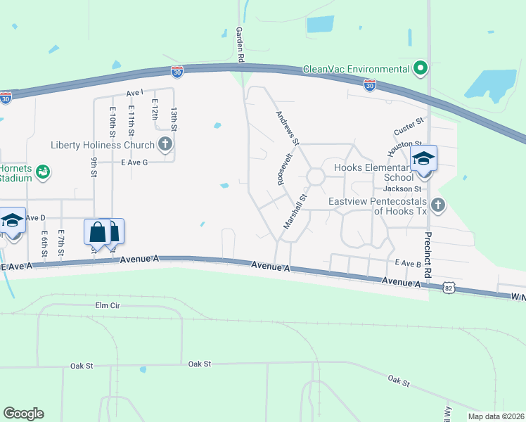 map of restaurants, bars, coffee shops, grocery stores, and more near 118 Garden Road in Hooks