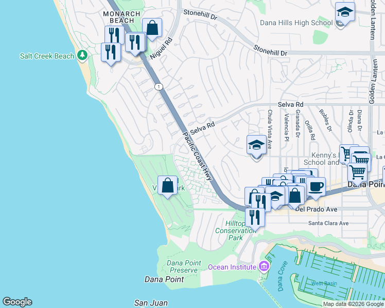 map of restaurants, bars, coffee shops, grocery stores, and more near 13 Chelsea Pointe in Dana Point