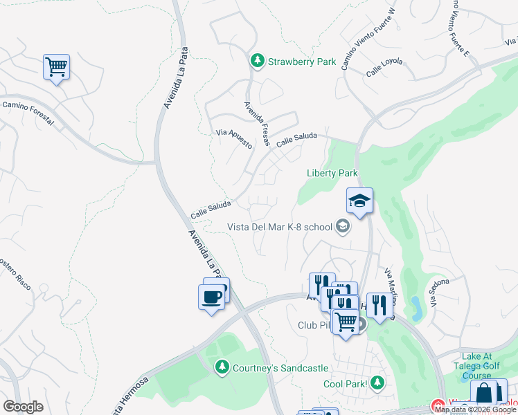 map of restaurants, bars, coffee shops, grocery stores, and more near 33 Via Huelva in San Clemente