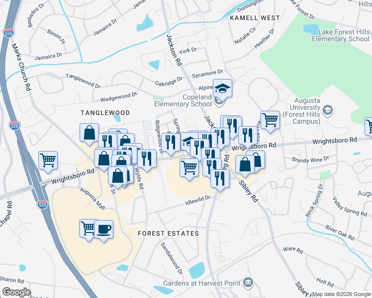 map of restaurants, bars, coffee shops, grocery stores, and more near 1421 Springview Drive in Augusta