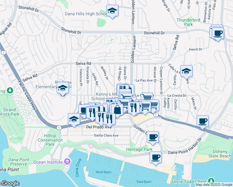 map of restaurants, bars, coffee shops, grocery stores, and more near 24631 La Cresta Drive in Dana Point