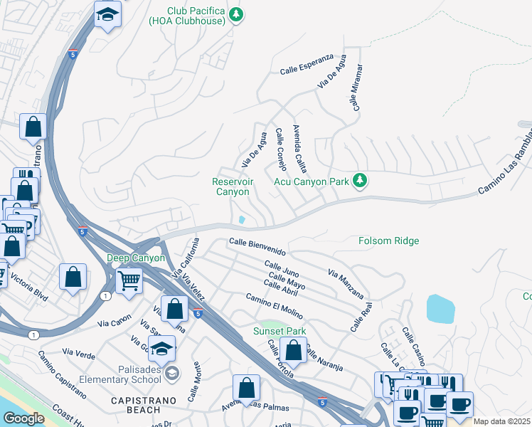 map of restaurants, bars, coffee shops, grocery stores, and more near 33991 Calle De Bonanza in San Juan Capistrano