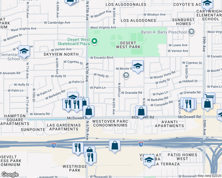 map of restaurants, bars, coffee shops, grocery stores, and more near 6507 West Palm Lane in Phoenix