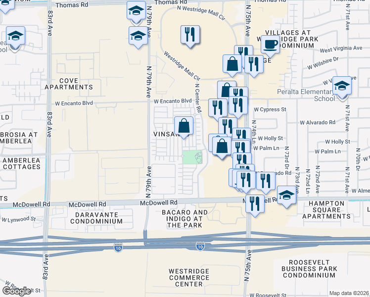 map of restaurants, bars, coffee shops, grocery stores, and more near 7730 West Palm Lane in Phoenix