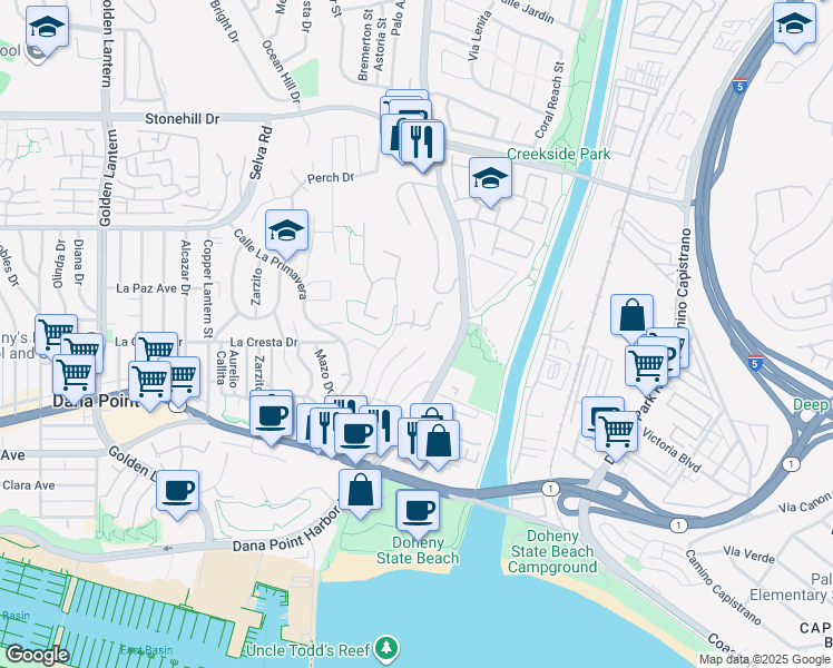 map of restaurants, bars, coffee shops, grocery stores, and more near 25412 Sea Bluffs Drive in Dana Point