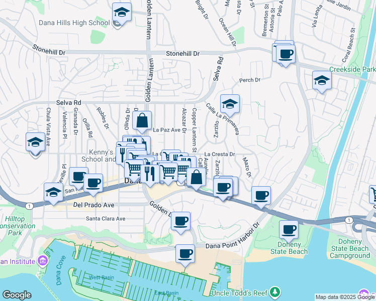 map of restaurants, bars, coffee shops, grocery stores, and more near 33962 Alcazar Drive in Dana Point