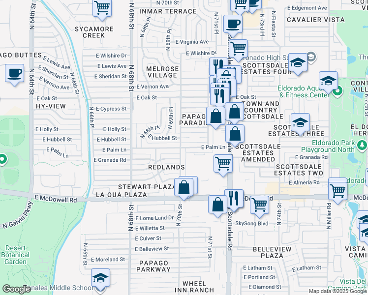 map of restaurants, bars, coffee shops, grocery stores, and more near 7002 East Palm Lane in Scottsdale