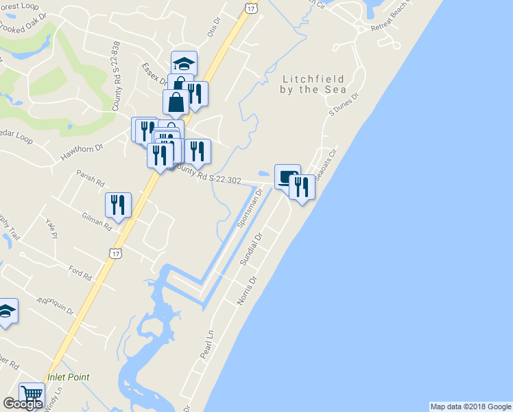 map of restaurants, bars, coffee shops, grocery stores, and more near 87 Sportsman Drive in Pawleys Island