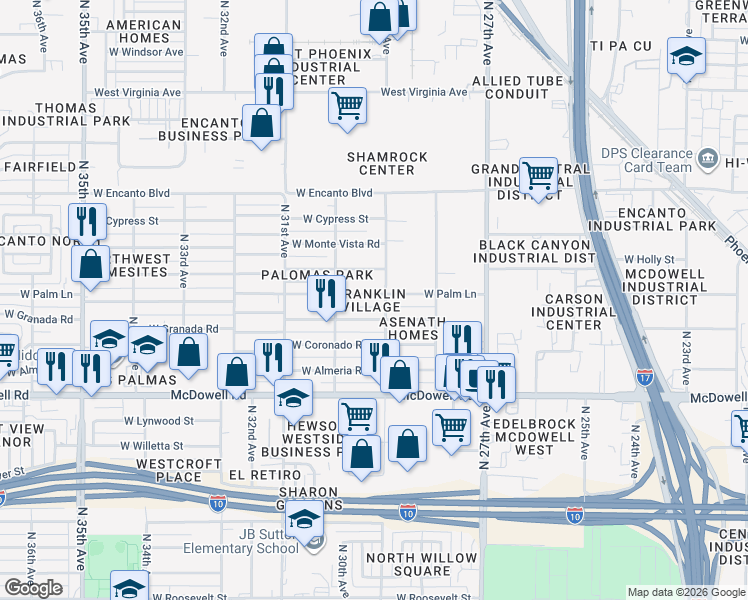 map of restaurants, bars, coffee shops, grocery stores, and more near 2915 West Palm Lane in Phoenix