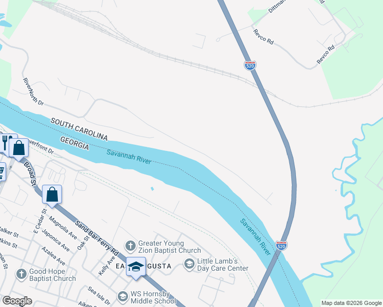 map of restaurants, bars, coffee shops, grocery stores, and more near 650 RiverNorth Drive in North Augusta