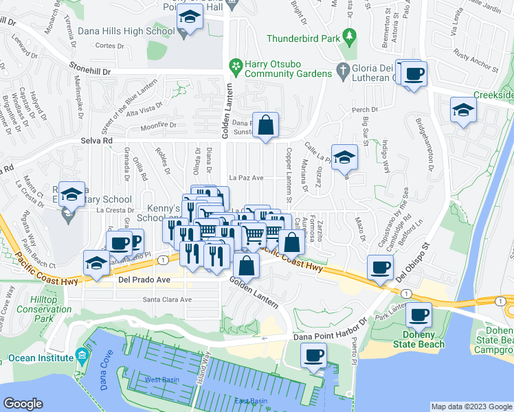 map of restaurants, bars, coffee shops, grocery stores, and more near 33965 Malaga Drive in Dana Point