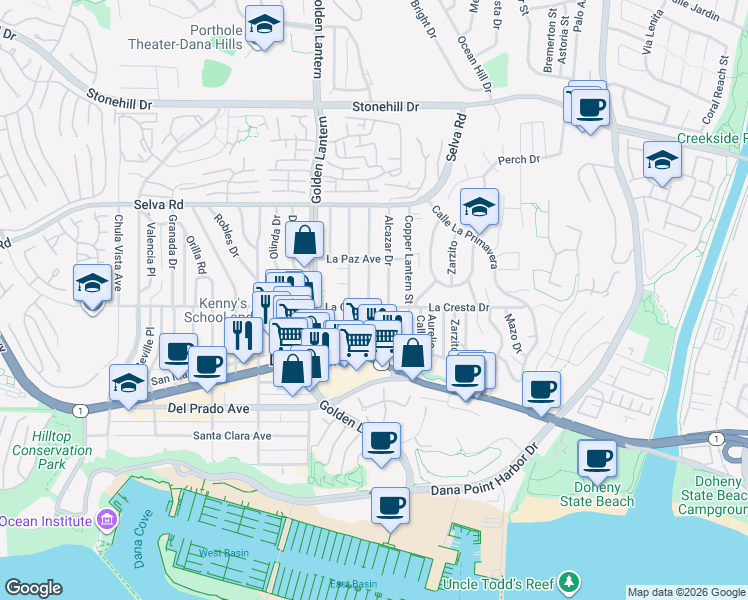 map of restaurants, bars, coffee shops, grocery stores, and more near 33966 Malaga Drive in Dana Point