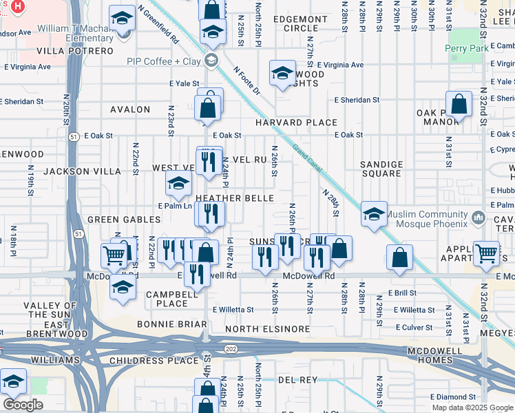 map of restaurants, bars, coffee shops, grocery stores, and more near 2001 North 25th Street in Phoenix