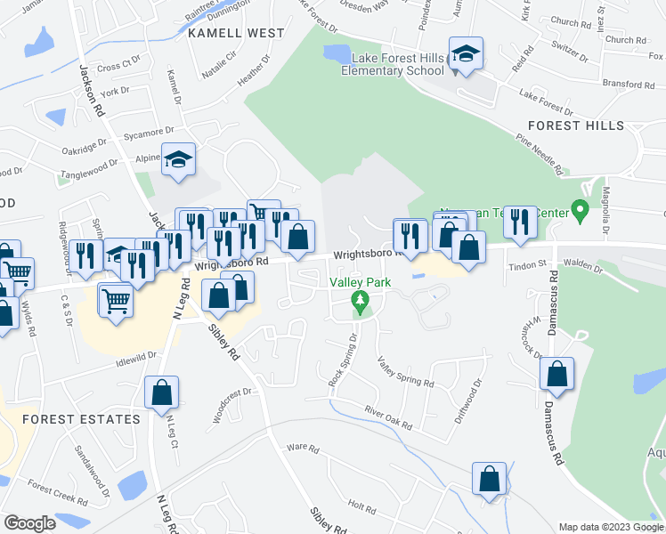 map of restaurants, bars, coffee shops, grocery stores, and more near 1700 Valley Park West in Augusta