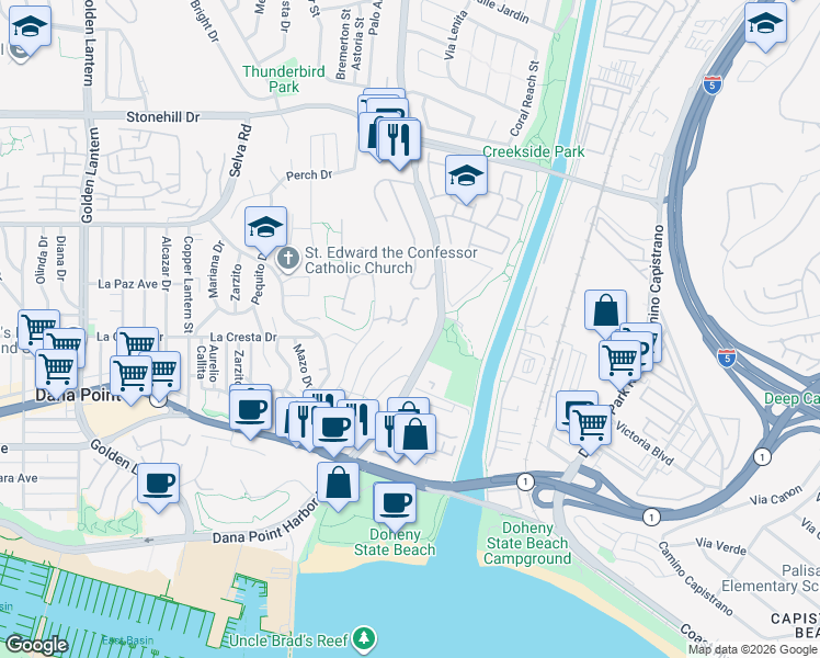 map of restaurants, bars, coffee shops, grocery stores, and more near 25422 Sea Bluffs Drive in Dana Point