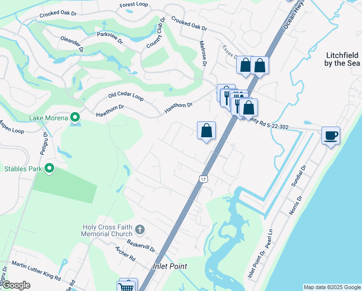 map of restaurants, bars, coffee shops, grocery stores, and more near 25 Reynolds Road in Pawleys Island