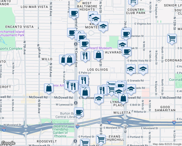 map of restaurants, bars, coffee shops, grocery stores, and more near North Alvarado Road in Phoenix