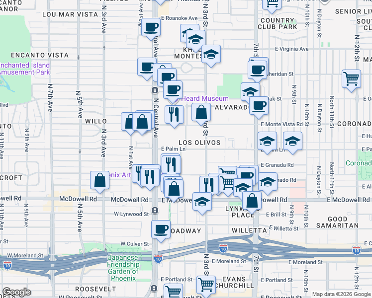 map of restaurants, bars, coffee shops, grocery stores, and more near North Alvarado Road in Phoenix
